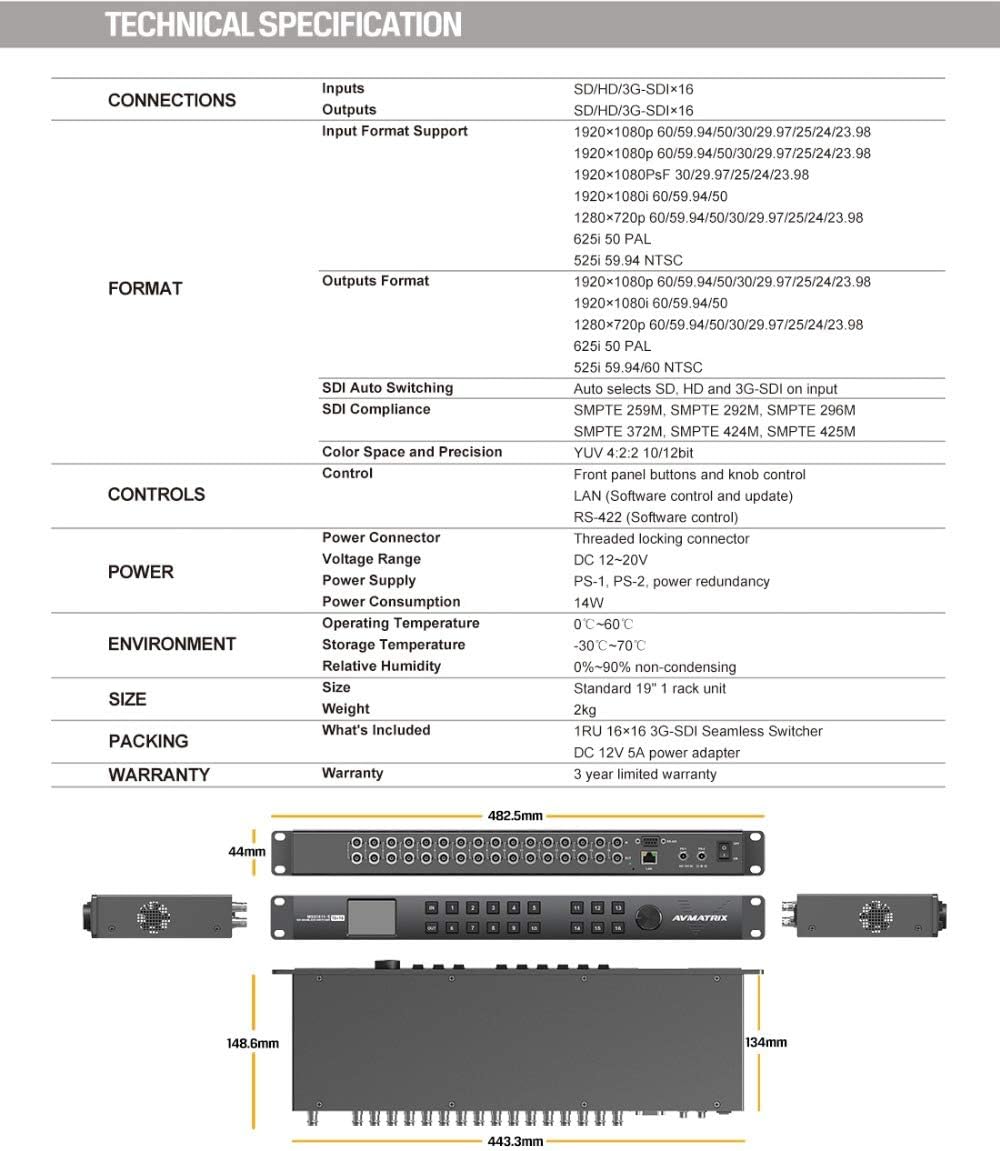 AVMATRIX MSS1611-S 16x16 Seamless SDI Matrix Switcher, Clean Switch, 16 SD/HD/3G-SDI Auto-Detect Inputs, Up/Down Scaling, Front Panel Control, Dual Power Design
