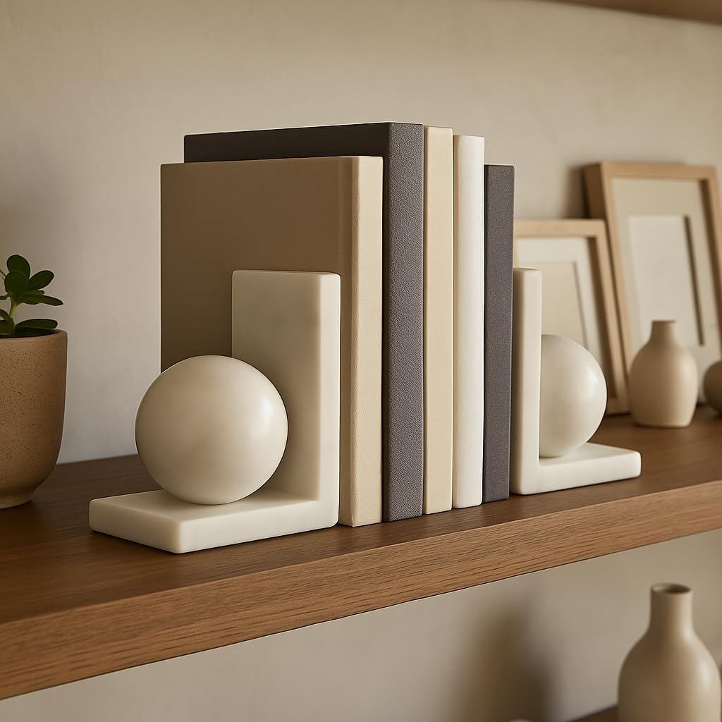 Stylish Orb Marble Book Ends for Home Decor Accent - Decorative Book Accessories for Bookshelf or Office Space - Modern Bookend for Home Library, Desk, or Coffee Table Decor - Set of 2, 6", White