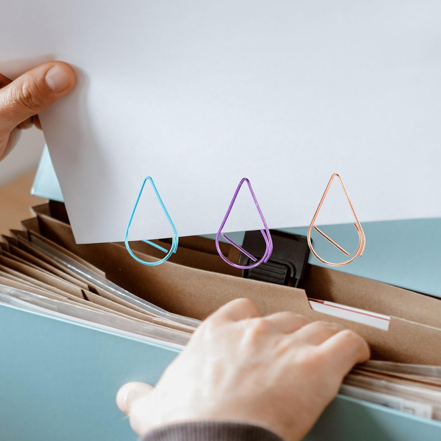 HEMOTON 50pcs Metal Drop-Shaped Paper Clips Colorful Novelty Office Supply Decorative Clips for Document Organization and Bookmarks, Rose Gold Purple Green Blue Gold image 3