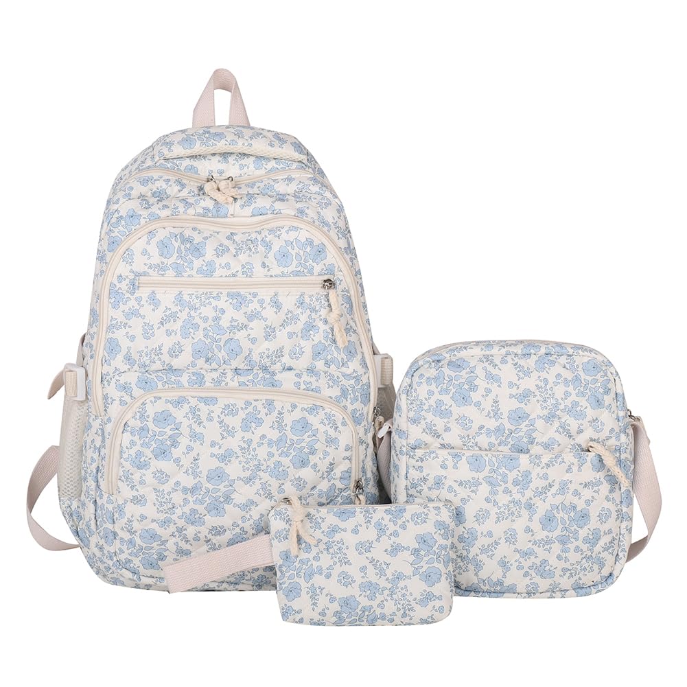 ANKICK Coquette Backpack Aesthetic Floral Bookbag Large Quilted Daypack Cute 3PCS Bag Set with Crossbody Bag