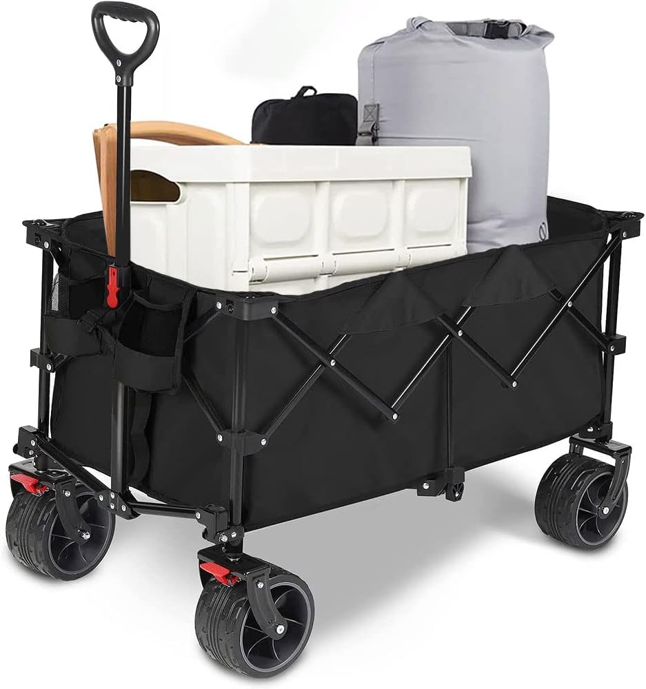 Funito Collapsible Foldable Wagon with 100kg Weight Capacity, Heavy Duty Folding Utility Garden Cart with Big All-Terrain Beach Wheels & Drink Holders.