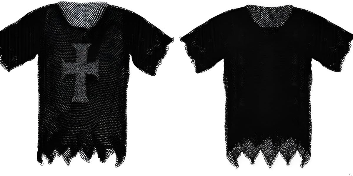 Mythrojan Chainmail Shirt Medieval Knight Armor Costume with Heavy Duty 16 Gauge Mild Steel Half Sleeves Templar Cross Shirt