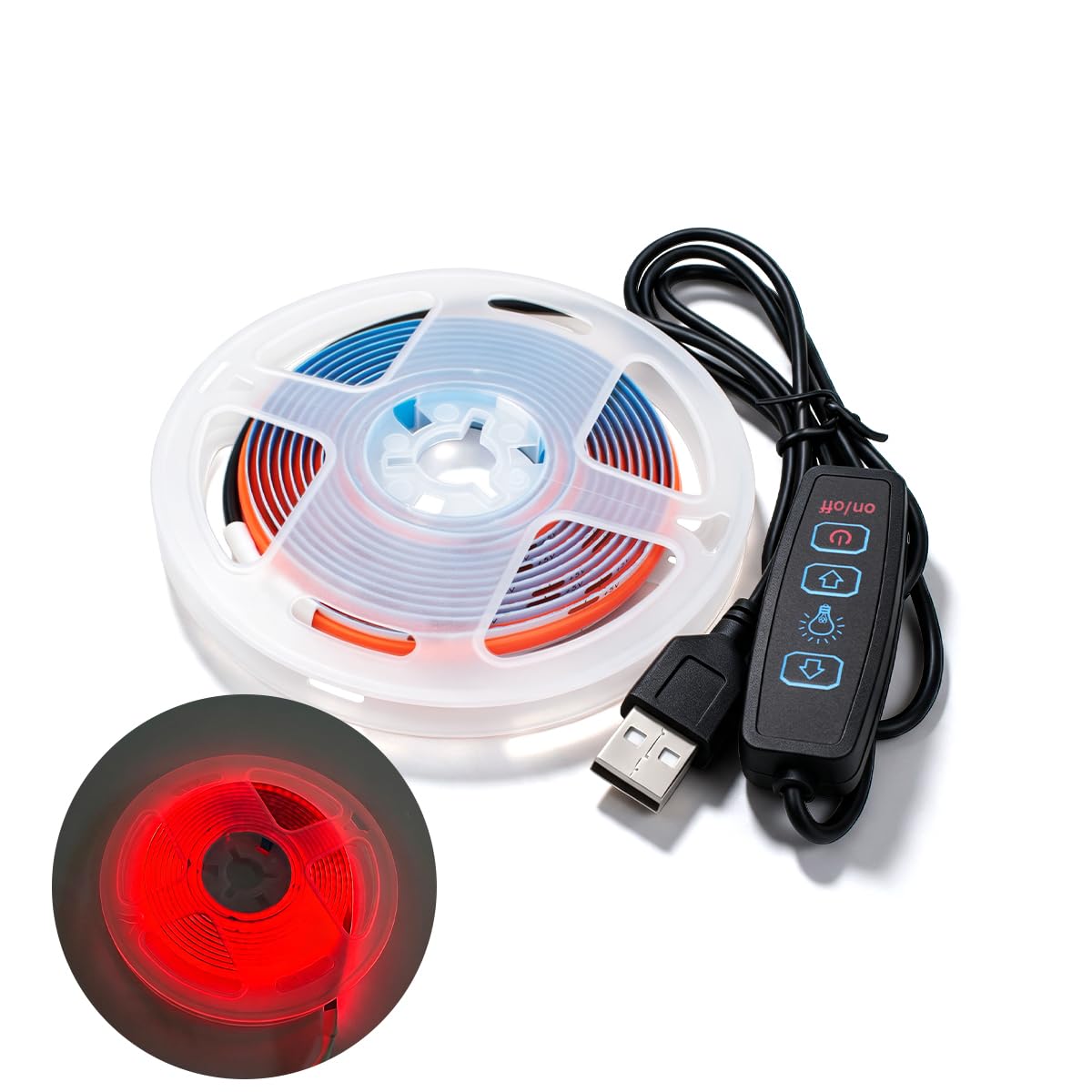Innfeeltech 2M COB LED Light Strip, 8mm Width 5V Red 320LEDs/m Light Strip, USB Connector with Dimming Button