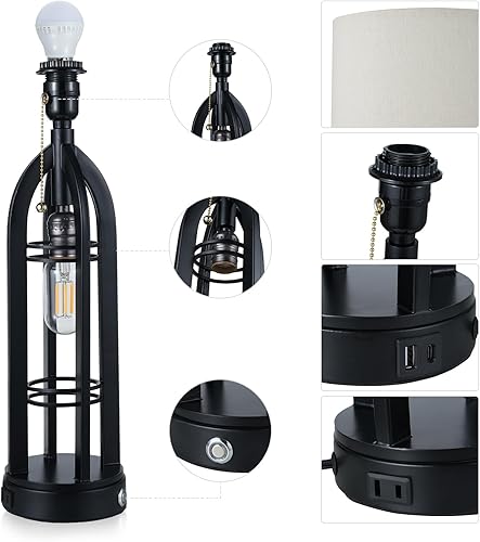 Miniatura 8 de Lámpara de mesa vintage para sala de estar, lámpara de escritorio de granja de tela, lámpara de mesita de noche regulable con puerto de carga USB