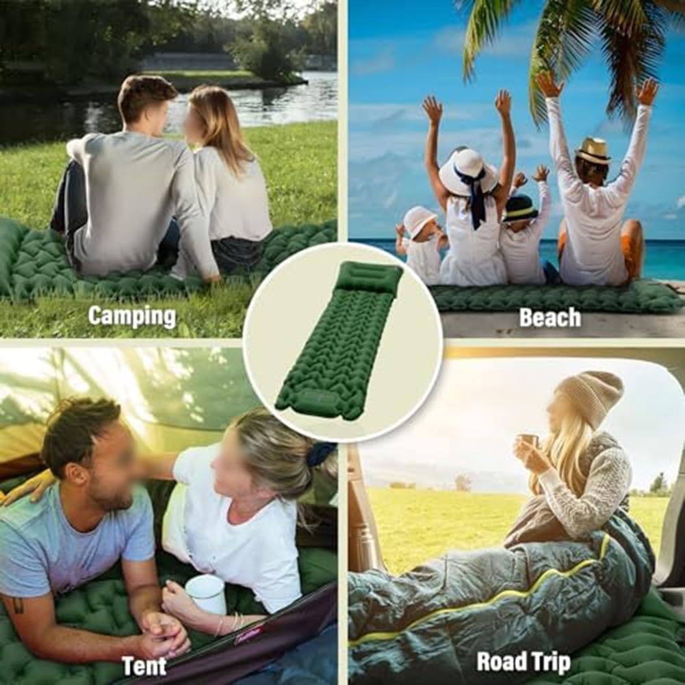 Matelas de camping autogonflant avec oreiller (vert pin)
