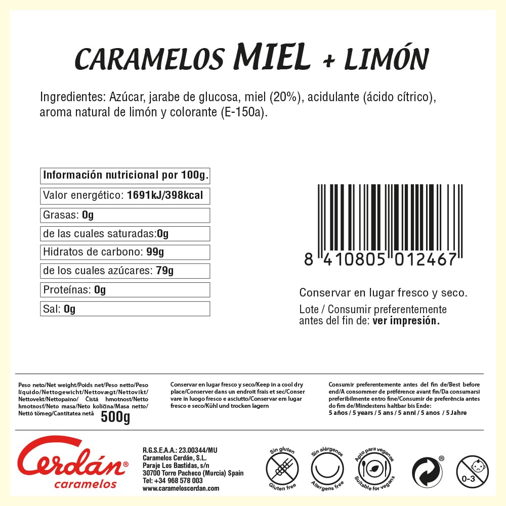 Caramelos Cerdán Caramelo Duro con Miel Pura y Limón Bolsa 150 Unidades Sin Gluten Medio Kilo