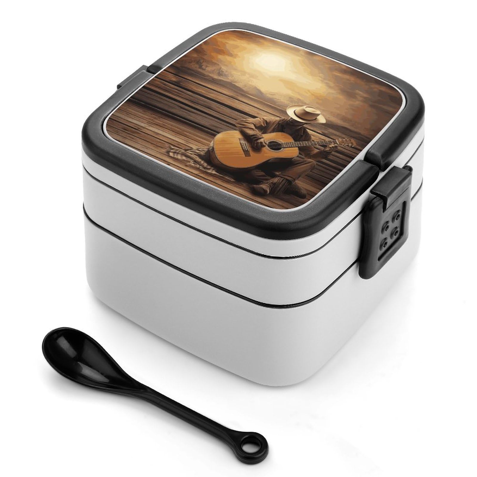JTREHY Western Music Lunch Box Double-Layer Portable Lunch Container Stackable Large Capacity Leakproof Bento Box for Dining Out Work Picnics Travel