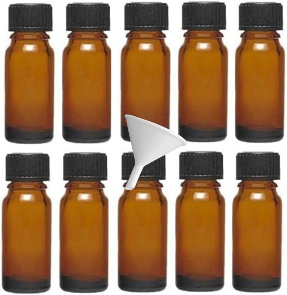 Viva Haushaltswaren, 10 x Dropper Bottles 10 ml, Apothecary Glass Bottles with Dropper Insert in Brown, incl. Funnel, Glass, Brown, 10 ml