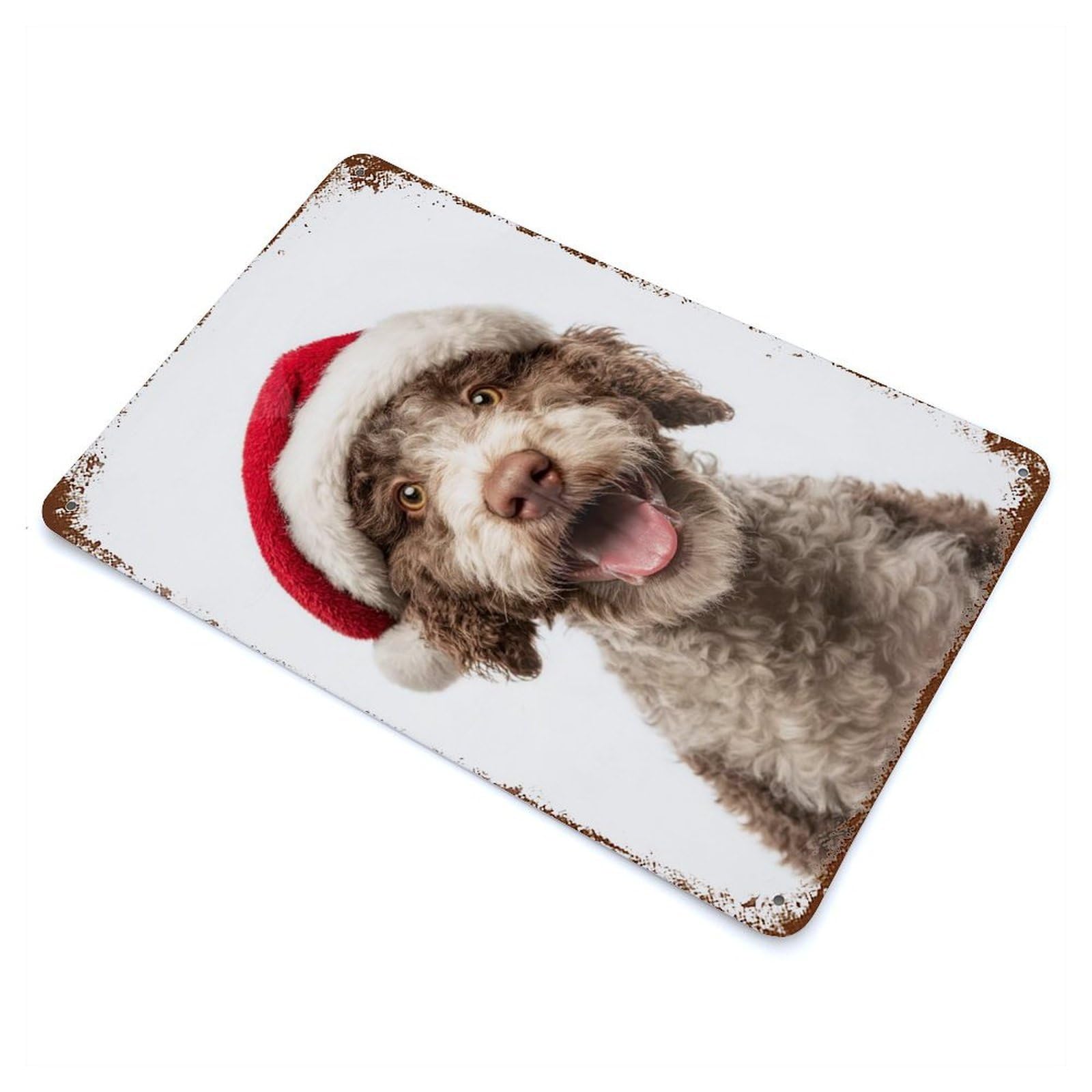 Distressed Metal Wall Sign Lagotto Romagnolo Dog with Santa Hat Portrait 11.8"x7.9", Vintage Wall Decor for Garage, Bar And Workshop Decor