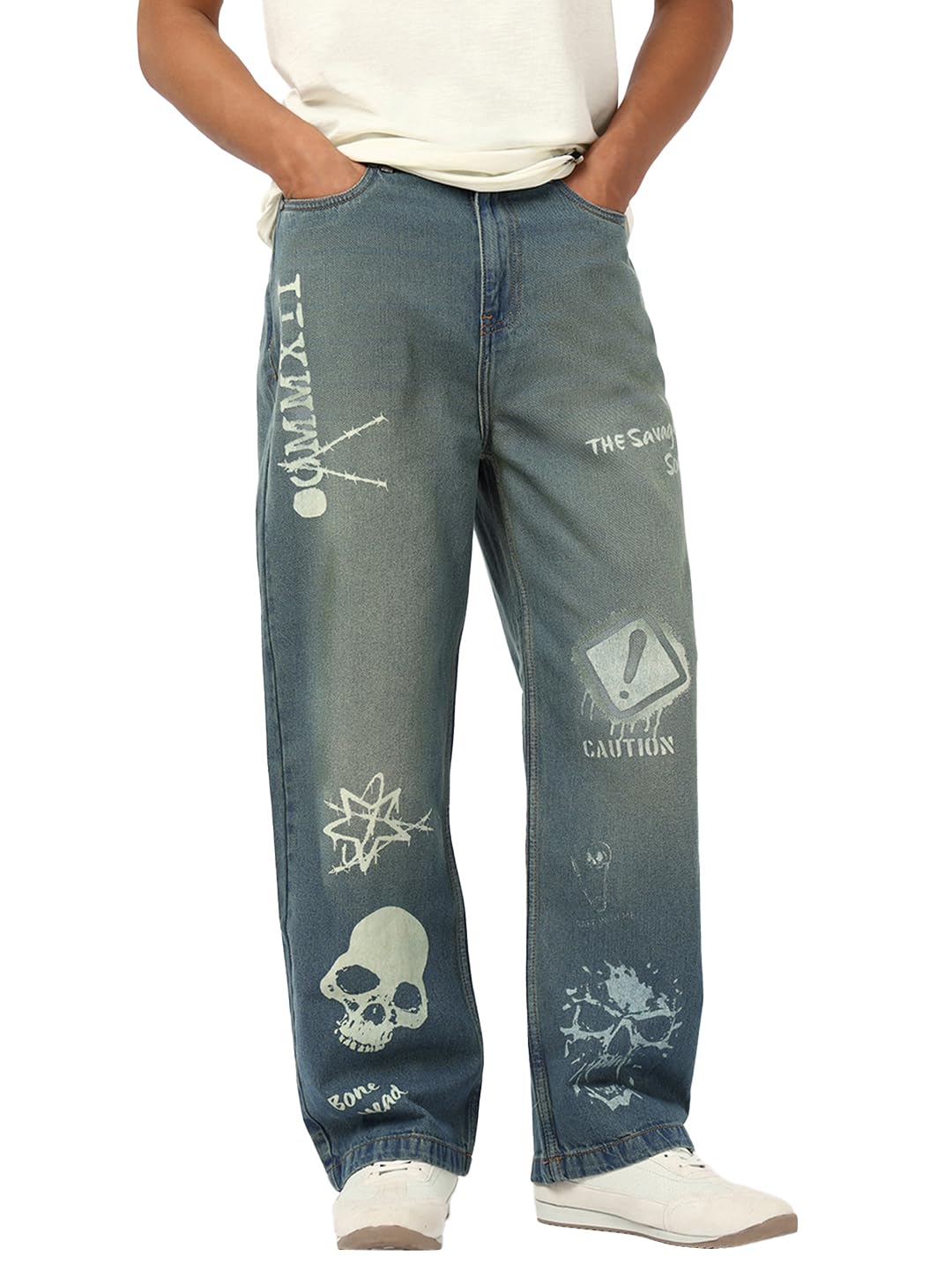 Bewakoof Men Printed Straight Fit Pure Cotton Jeans in multi