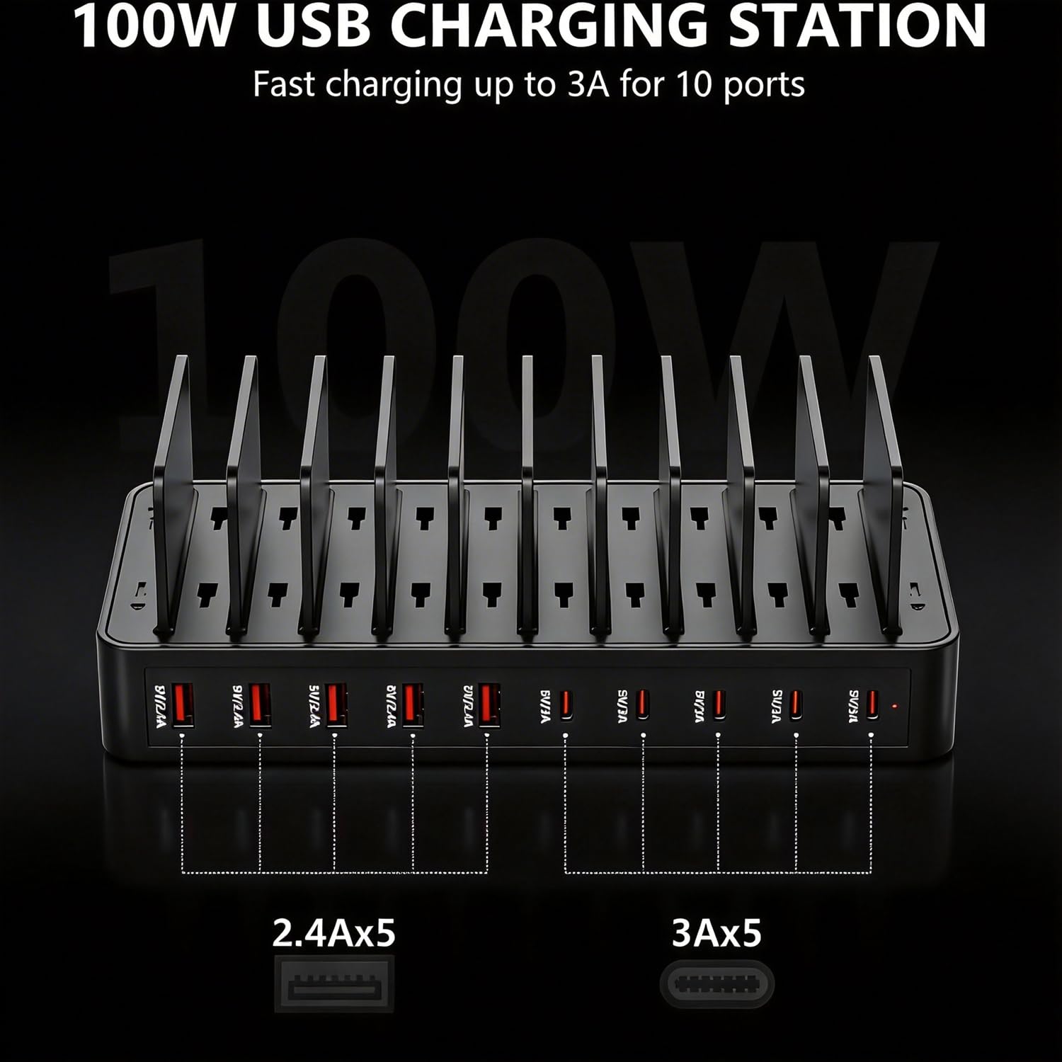Stazione di ricarica USB-C da 100 W con 10 porte, caricatore per dispositivi multipiattaforma, splitter regolabile rimovibile, 5 USB-A + 5 USB-C, compatibile iPhone/Samsung/Google/Tablet