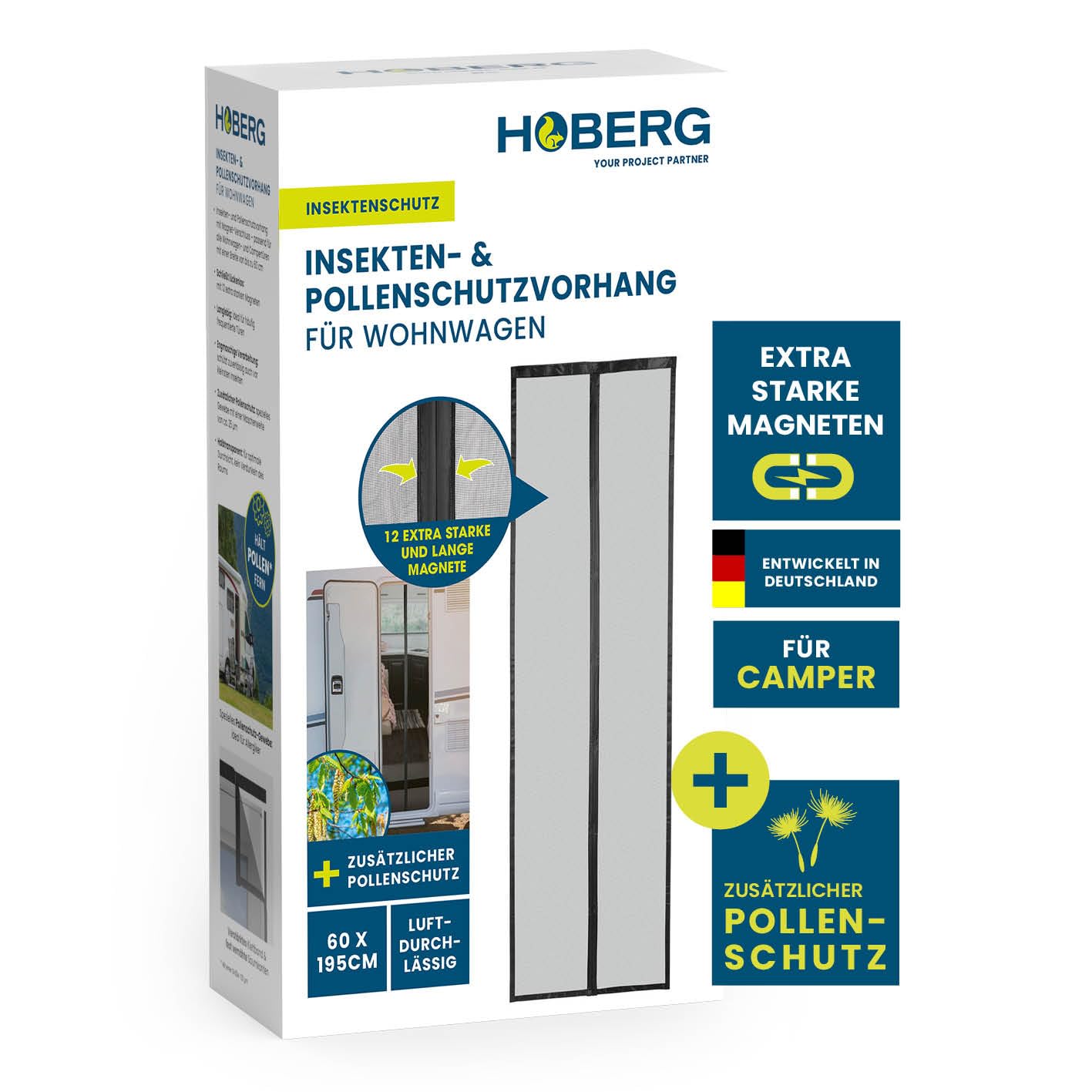 HOBERG Insekten- & Pollenschutzvorhang für Wohnwagen | Fliegengitter Tür mit XXL-Magnetbändern | Insektenschutz für Campingwagen | Pollenschutzgitter 60 x 195 cm, selbstschließend