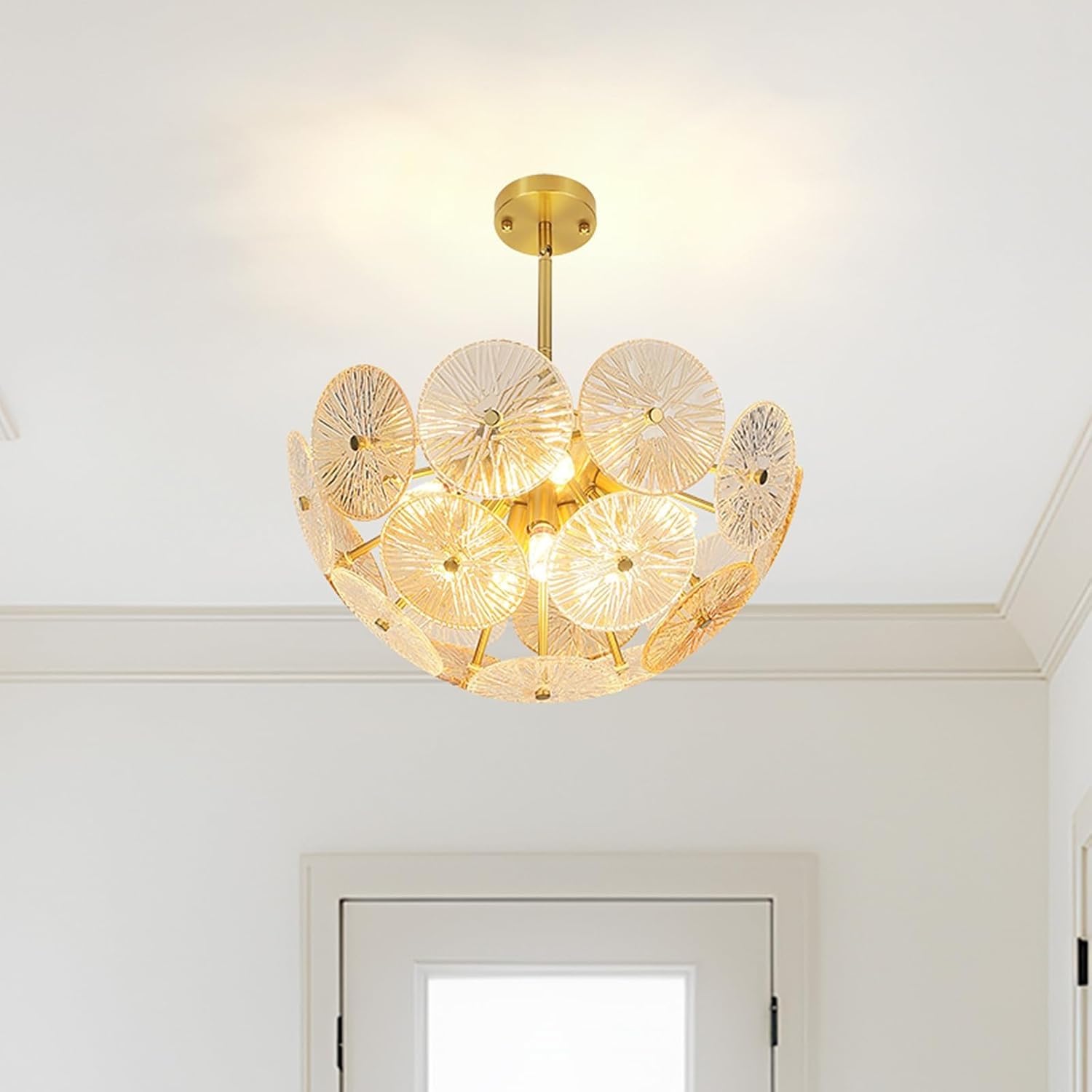 VTAMng Gold Flower Chandelier Crystal Ceiling Light Modern Pendant Light Fixtures Vintage Semi Flush Mount Ceiling Lamp for Living Dining Room Bedroom Entryway Foyer Nordic Style(Pendant Light)
