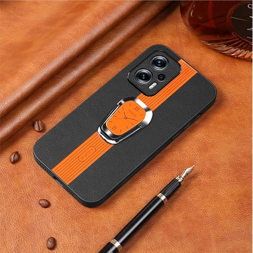 Capa para Poco X4 GT 5G Capinha Business Deluxe Leather Phone Soft Case com suporte magnético invisível para anel de dedo Capa para telefone em couro resistente a quedas - Laranja