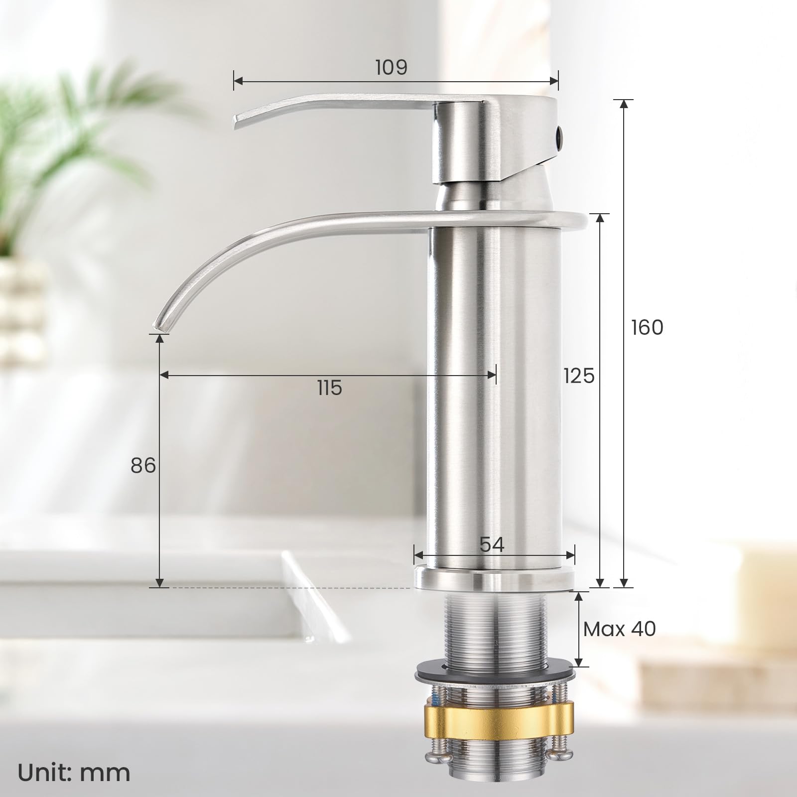 CECIPA Rubinetto Bagno Lavabo Spazzolato a Cascata, Miscelatore Lavabo con Becco Altezza 8,6cm, Rubinetto Lavandino Bagno in Acciaio Inox 304