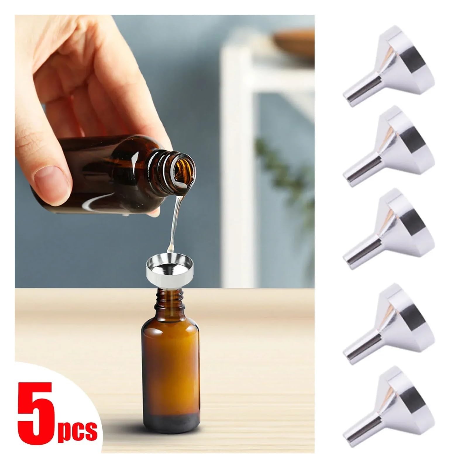 Embudo filtrante de acero inoxidable Mini embudo con filtro desmontable de boca ancha for enlatar utensilios de cocina, 18 x 21 mm, plateado, paquete de 5