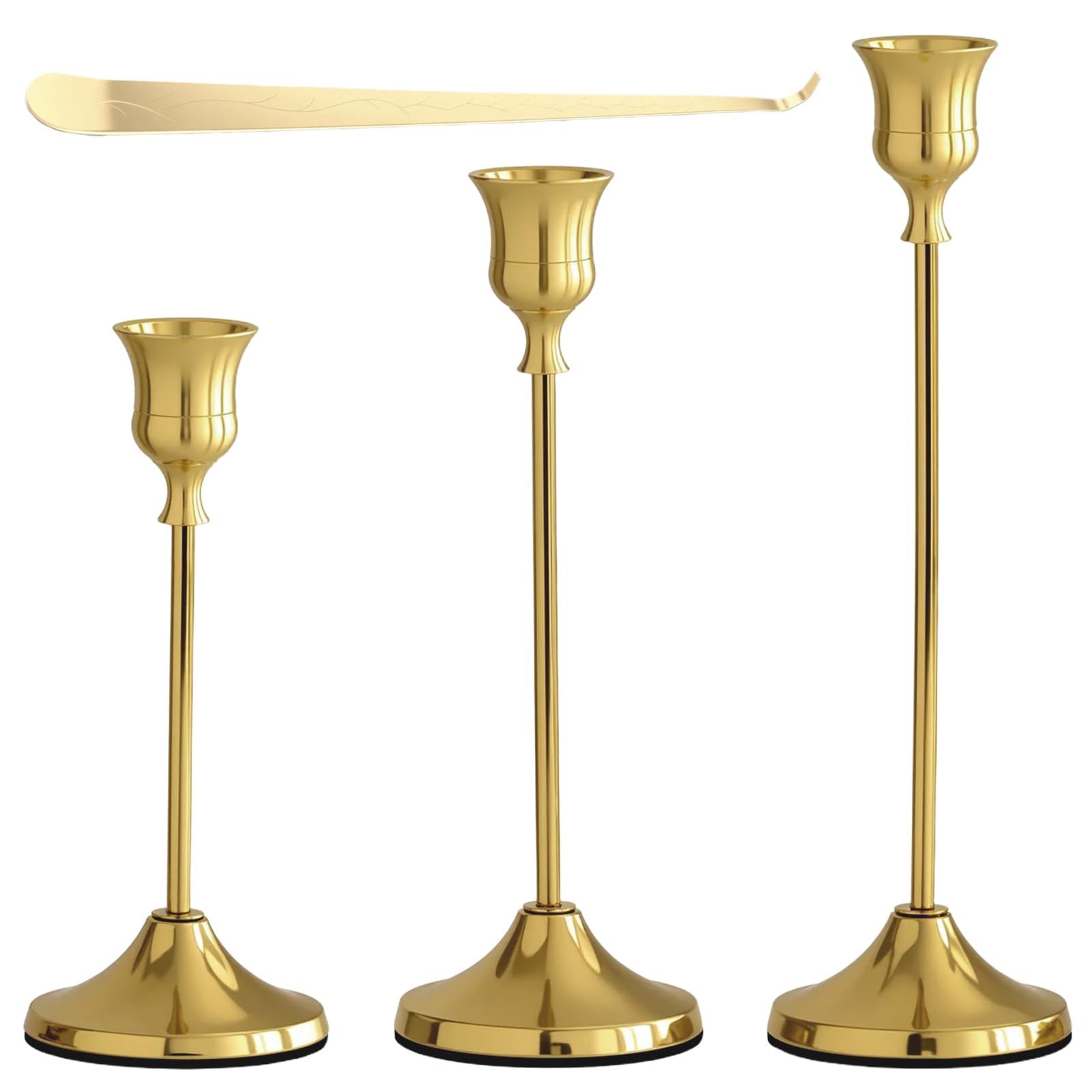 3PCs Gold Candle Holder Set with Candle Snuffer,Decorative Candle Holder for Taper Candle for Fireplace Mantel Dinning Table Home Decorations Wedding Party Gift
