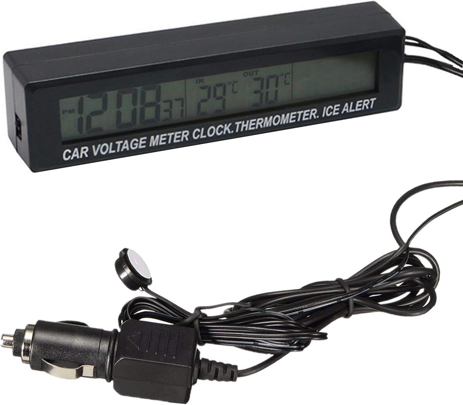 Car Auto Thermometer Temperature Voltmeter Gauge 12V 24V Voltage Meter Monitor LCD Digital Display Clock with Cigarette Lighter Car Charger
