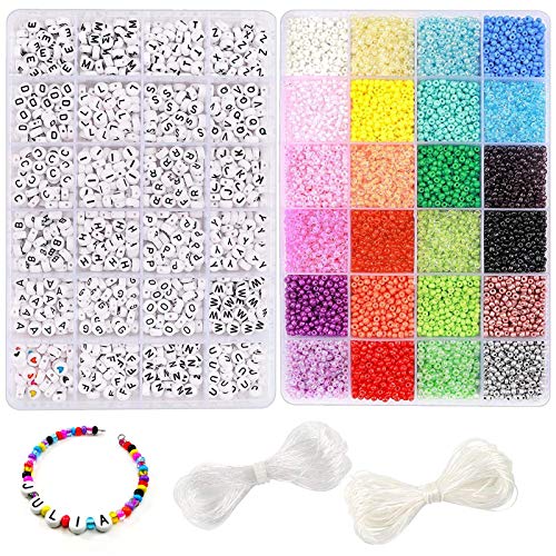 DICOBD Beads Kit 15600pcs 3mm Glass Seed Beads and 1200pcs Letter Beads with 2 Rolls of Cord for Bracelets Necklaces and Key Chains Making