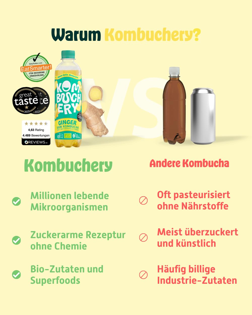 KOMBUCHERY® Ginger Raw Kombucha BIO | 18 x 400ml | Fermentierter Tee mit aktiven Darm-Kulturen | Zuckerarm & Kalorienarm | Unpasteurisiert, PrioBiotic, Vegan, Testsieger | inkl. 4,5€ PFAND