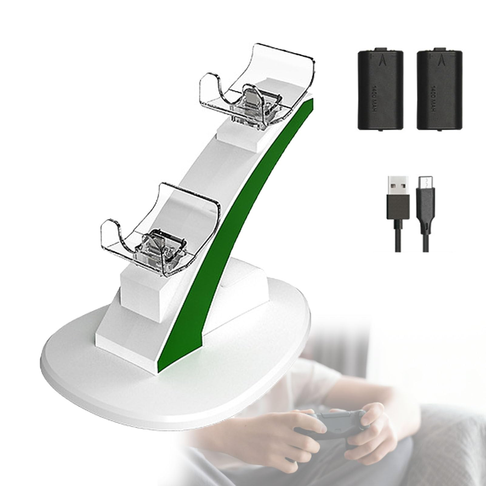 Caricabatterie con Doppio Controller, Include 2 batterie Ricaricabili, Stazione di Ricarica con luci a LED, Base Antiscivolo. (White)