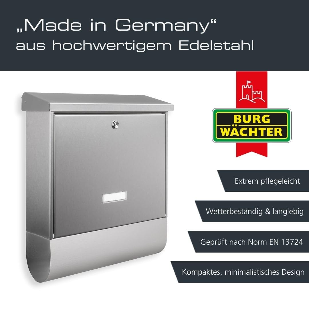 BURG-WÄCHTER Briefkasten mit Zeitungsfach und Namensschild, Rostfreier Edelstahl, Einwurf-Format DIN C4, 2 Schlüssel, AMZ 2500 NI