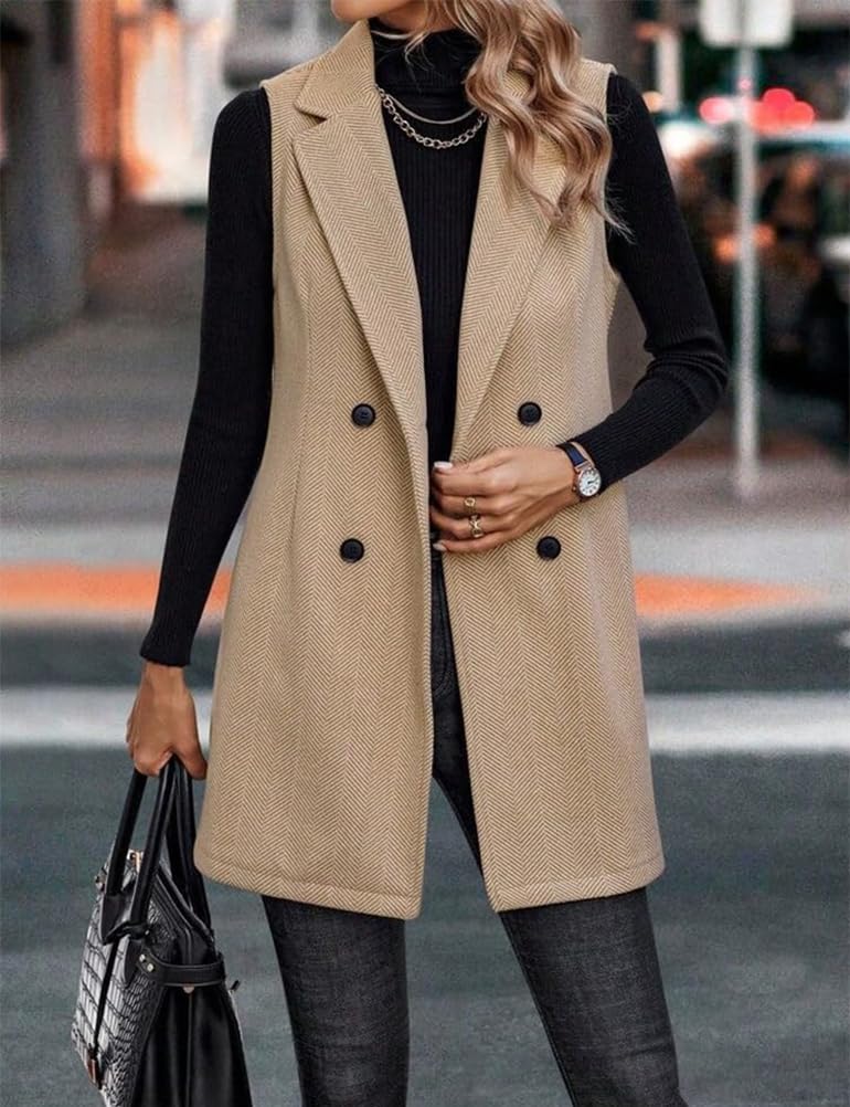 Tweed Gilet Donna Autunno Inverno senza maniche Lungo Lana A Spina di Pesce Blazer Giacche Vestito Capispalla Alla Moda