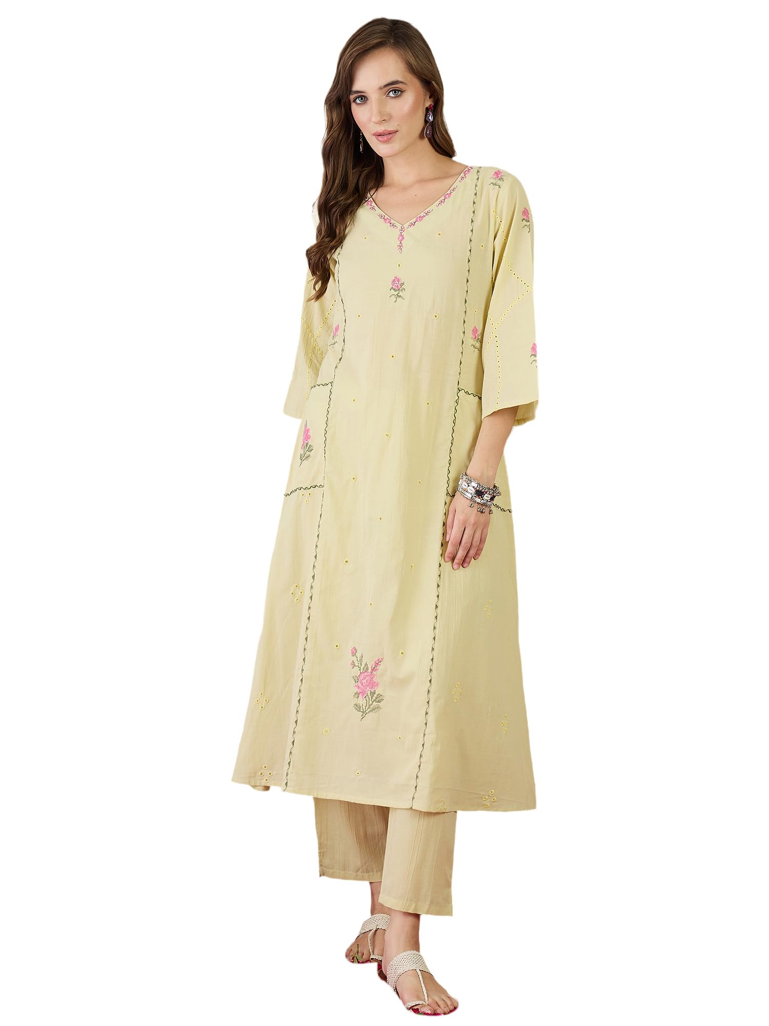 indo era Women's Pure Cotton Floral Embroidered A-Line Kurta & Pant Set (IESTR11298)-picture-15