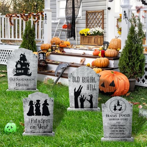 4PCS Halloween Decorations Outdoor Graveyard Tombstone Yard Sign with Stakes-16.5'X11.5'Large Halloween Graveyard Tombstones Decor Weatherproof-Gravestones Outdoor Patio Props-Kids Home Party