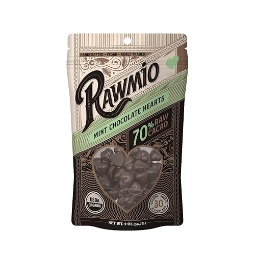 Rawmio Corazones de chocolate con menta, 70% cacao, 2 onzas, crudo, orgánico, vegano, de comercio justo