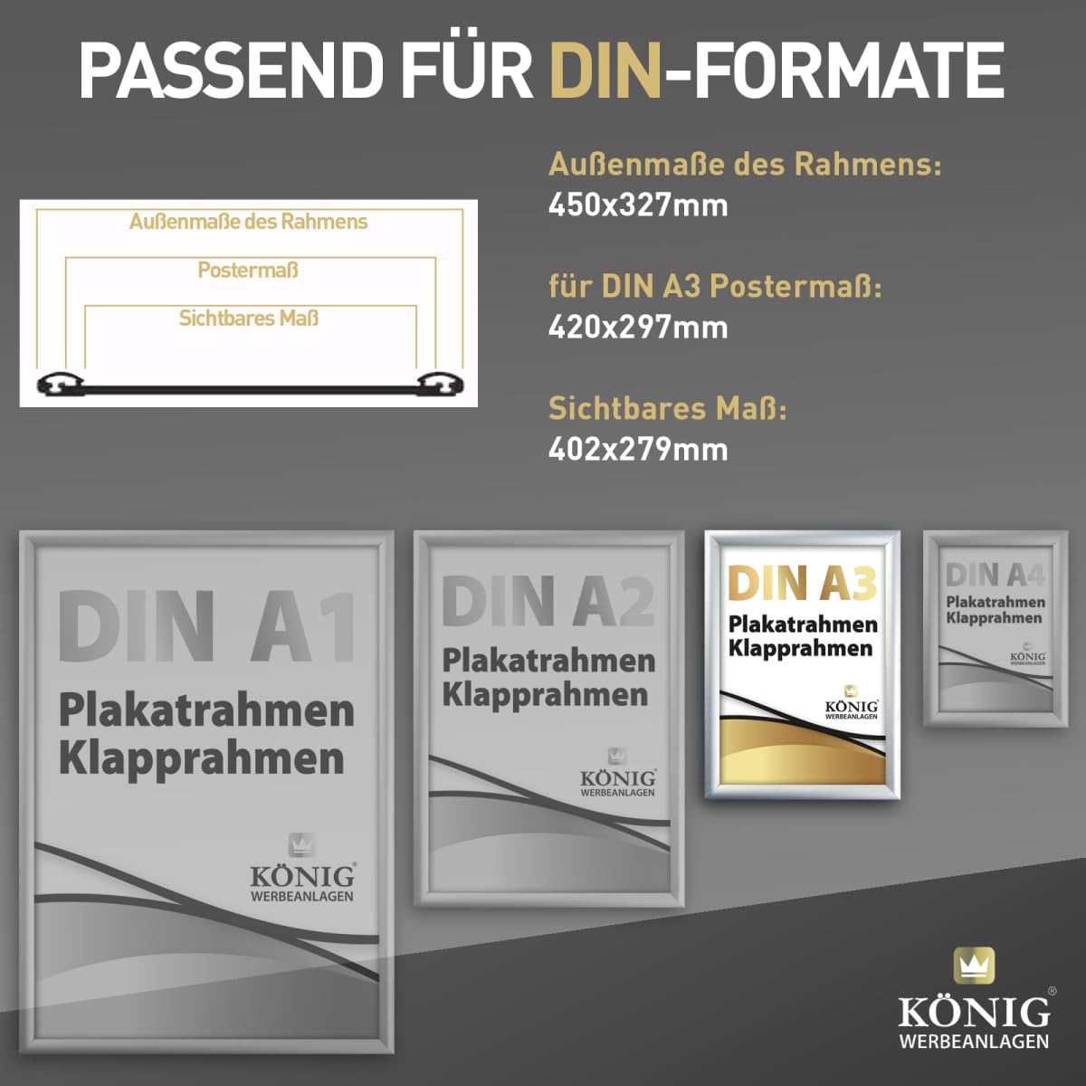 Dreifke 5 Plakatrahmen DIN A3 | 25mm Aluminium Profil, Silber | inkl. entspiegelter Schutzscheibe | Alu Klapprahmen Wechselrahmen Posterrahmen | 5er Sparpack