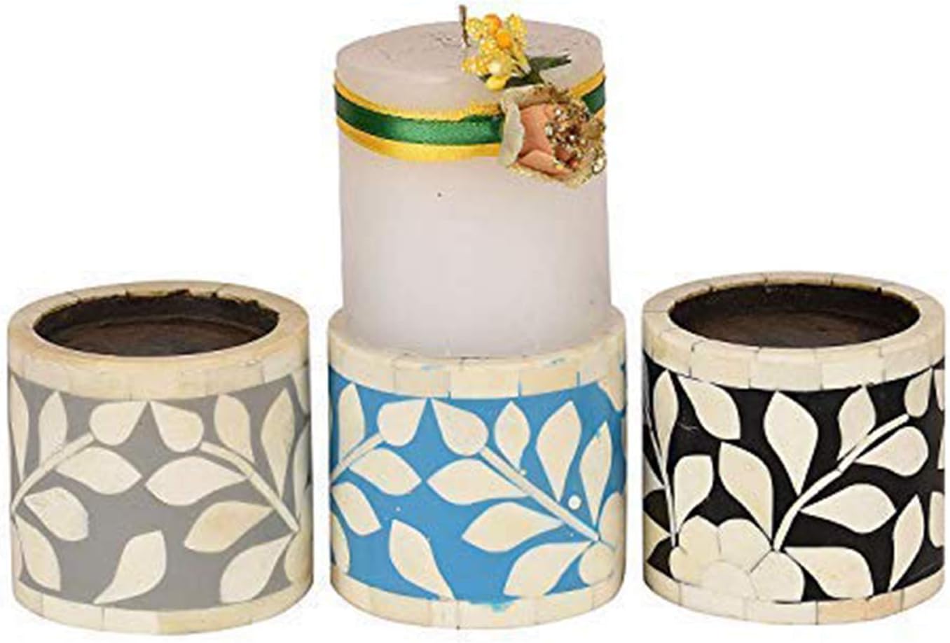 GAURI KOHLI Beautiful Hand Crafted Bone Inlay Candle Holders (Size Large | Set of 3)