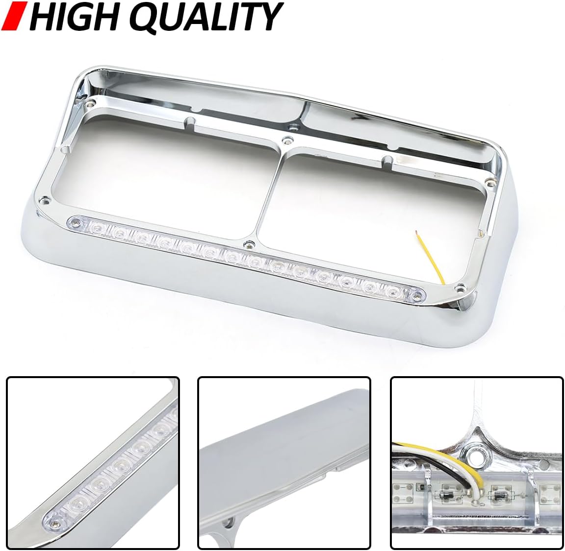 Dual Rectangular 2X for 4x6 Light Headlight Bezel with 12" Amber LED Light Strip for Kenworth T400 T600 T800 W900B W900L Peterbilt 378 379 Western Star 4900 Trucks (Clear Lens/White LED)