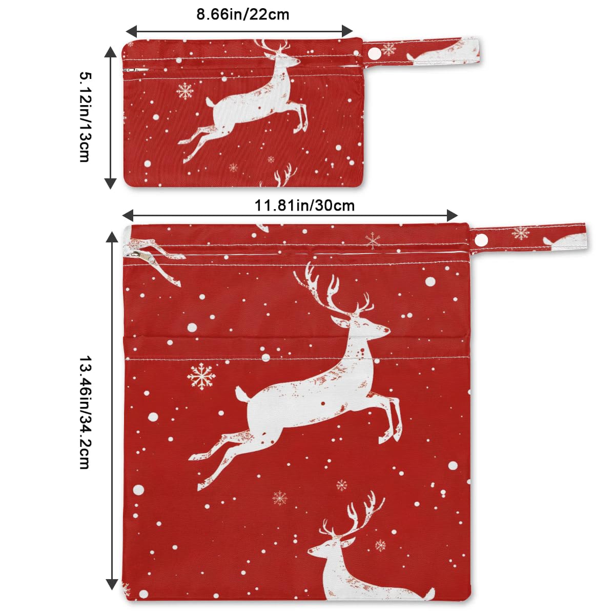 2pcs Cloth Diaper Wet Dry Bag with Two Zipper Pocket Waterproof Storage Bag Travel Laundry Bags, Beach, Pool, Breast Pump Parts, Gym Bag for Swimsuits & Wet Clothes for Baby (Holidays Reindeer)