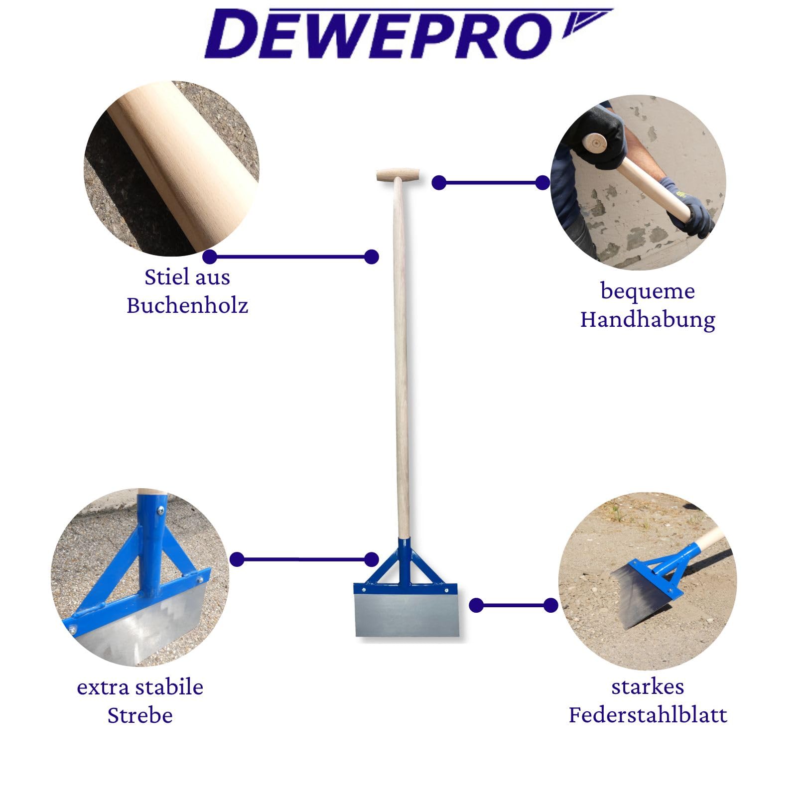 DEWEPRO Stoßscharre 300 mm mit Holzstiel und Federstahlblatt | Robuster Bodenschaber zum Entfernen von Farbe, Belägen, Putzresten, Eis und hartnäckigen Rückständen