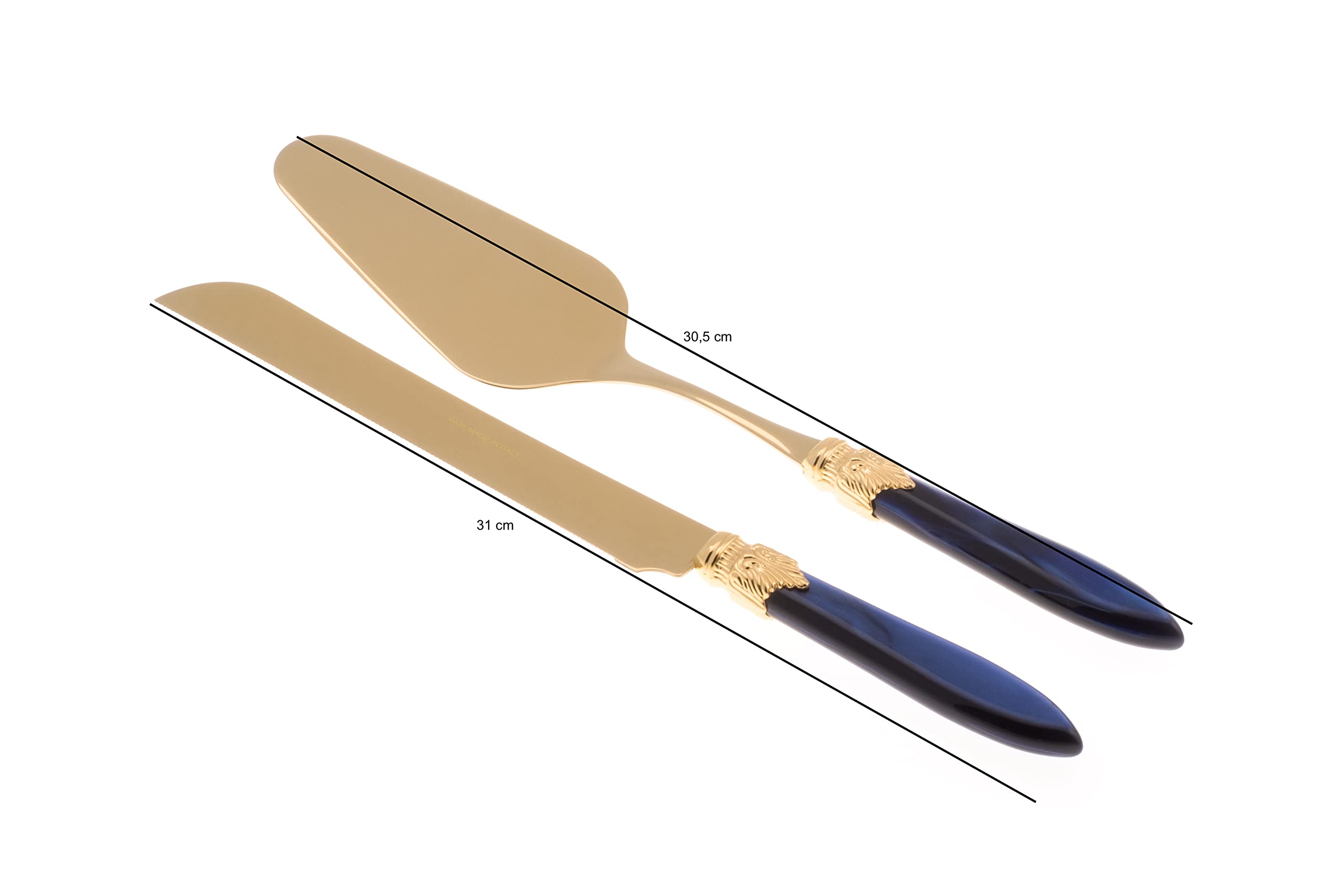 Rivadossi Laura Oro Blu - Set di Pala e Coltello per Torta, 2 Pezzi - 100% Made in Italy, Artigianalità e Design - Acciaio Inox 18/10