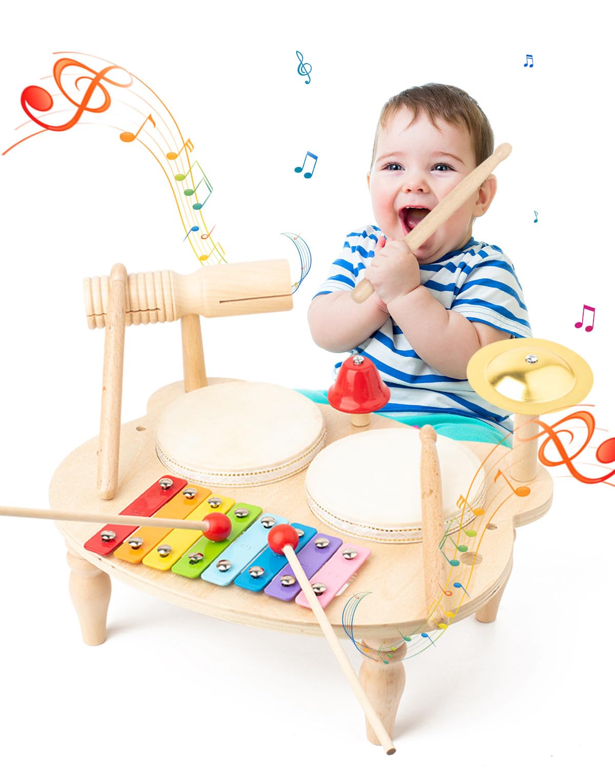 E-SMARTER Kids Drum Set, Baby Musical Instruments for Children, 8-in-1 Wooden Xylophone Kids Musical Instruments, Music Enlightenment Musical Toy Instruments for 3+ Years Old, Gift for Christmas