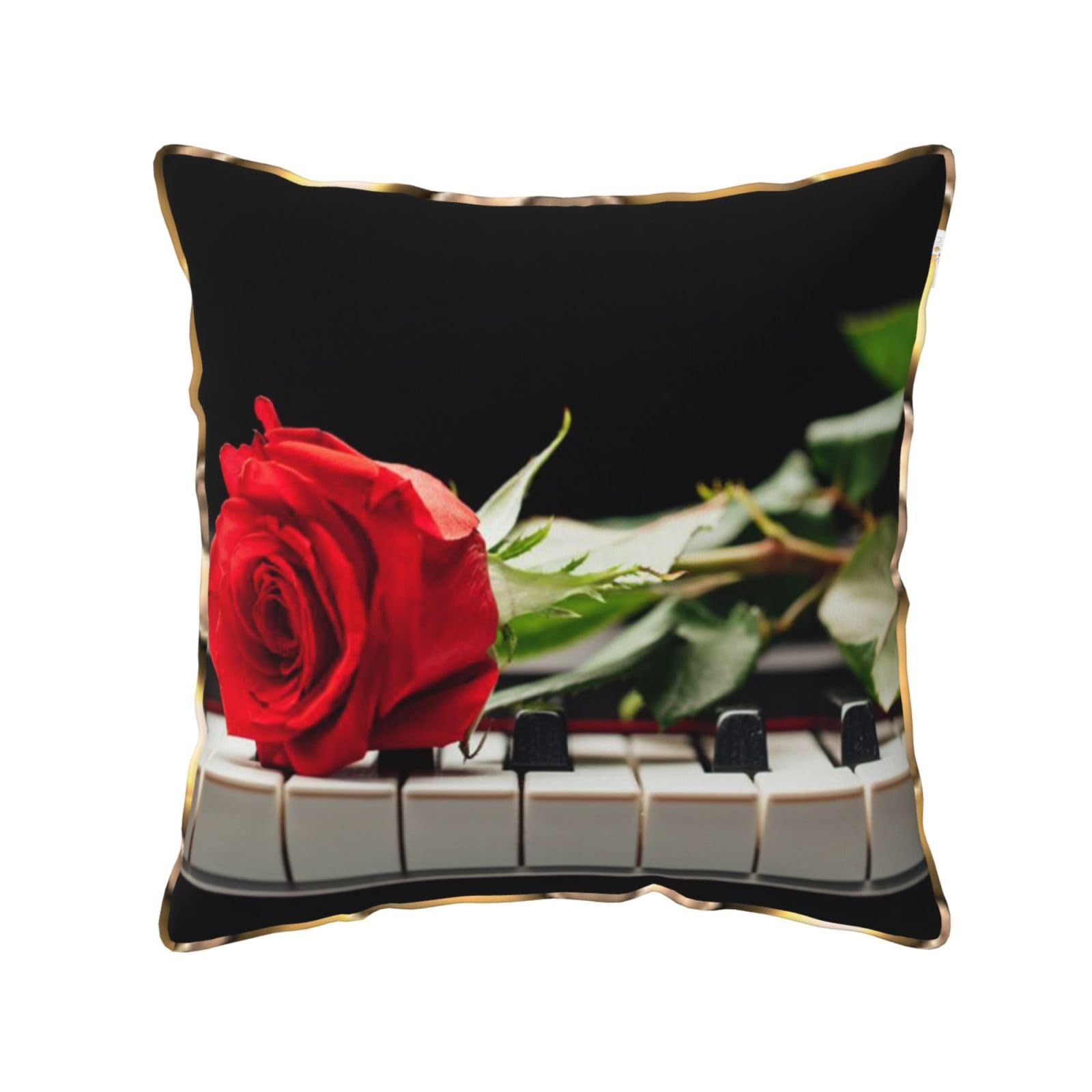AUBKFELD Red Rose on Piano Printed Velvet Cushion Cover 50x50 CM with Gold Edging Strip, Square Pillowcase Soft Throw Pillow Covers Case Decorative for Living Room Sofa Couch Bed Bench