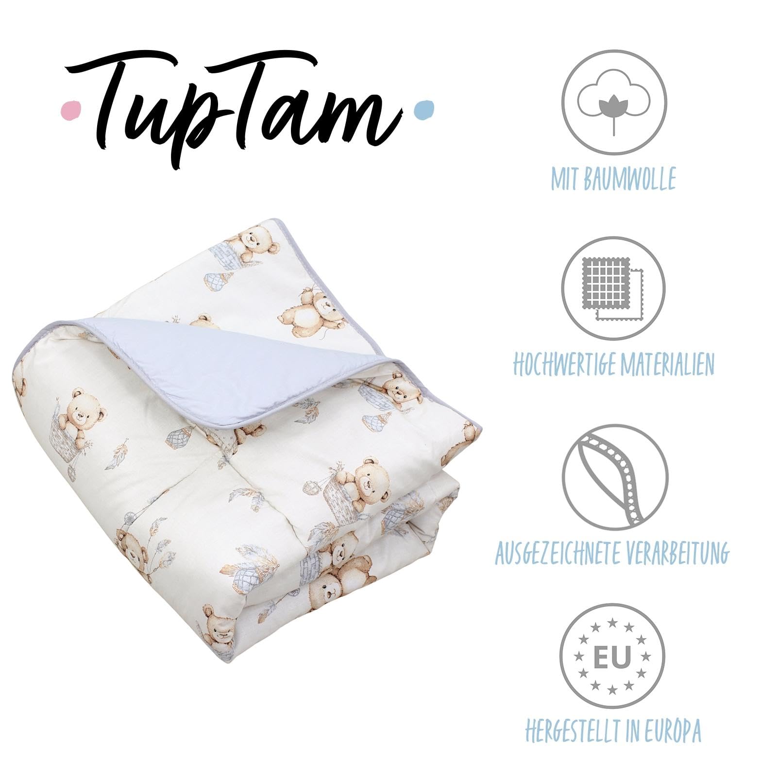 TupTam Krabbeldecke für Baby 120x120 cm - Gepolsterte Spieldecke Baby Baumwolle, XXL, OEKO-TEX, Weich & Hautfreundlich, Farbe: Teddybären in Körbchen Beige Ecru - 2