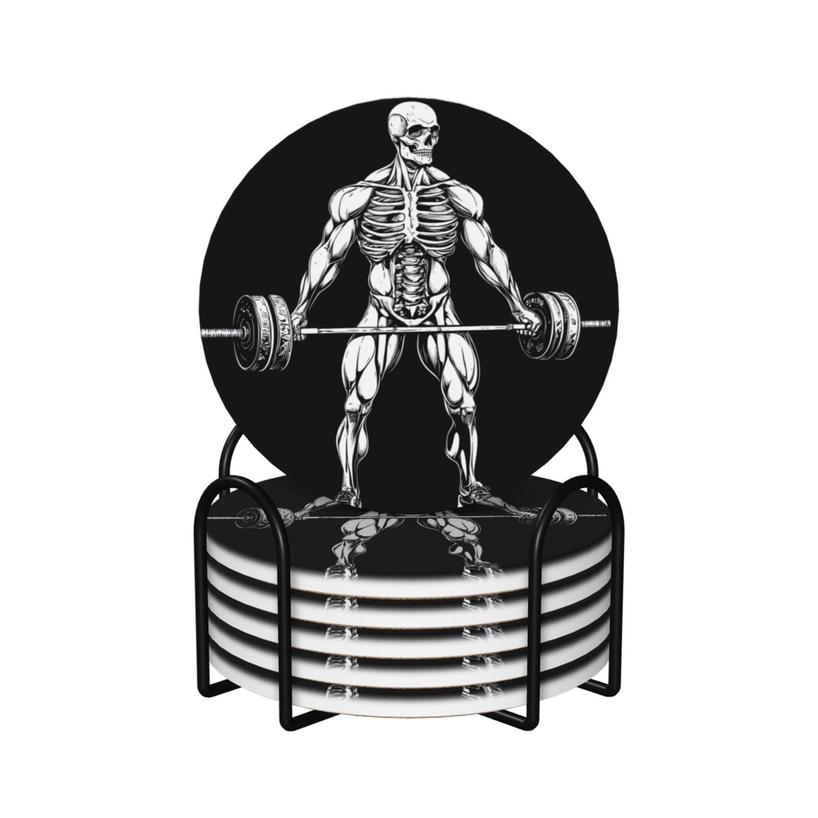 Skeleton Weightlifting Black and White Ceramic Coasters with Holder Set of6