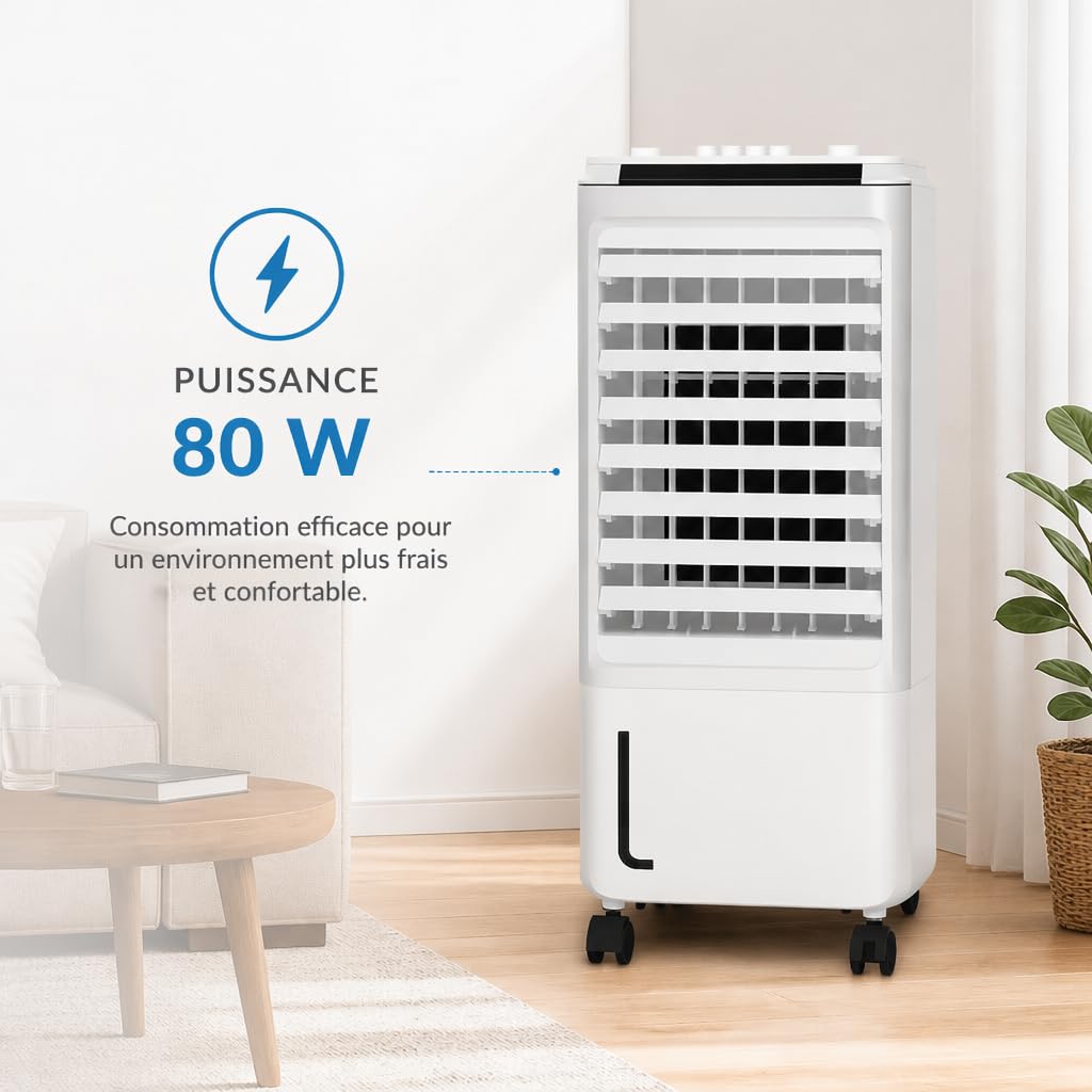 Climatiseur Mobile | Rafraîchisseur d'Air Évaporatif 80 W | Refroidisseur d'Air avec Réservoir d'Eau | 3 Vitesses | Oscillation Automatique | Silencieux | Faible Consommation