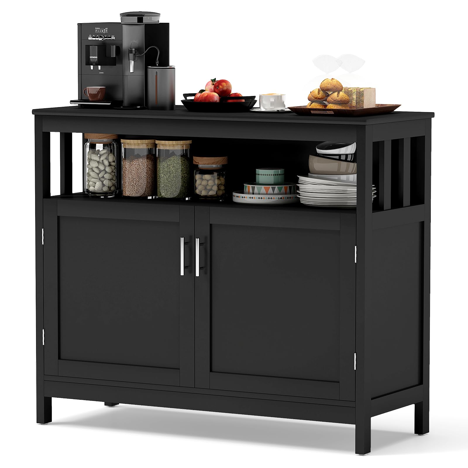 SILKYDRY Sideboard Buffet Cabinet with Storage, Wooden Coffee Bar Table with Open Compartment, 2 Doors Cabinet with Adjustable Shelf, Liquor Cabinet