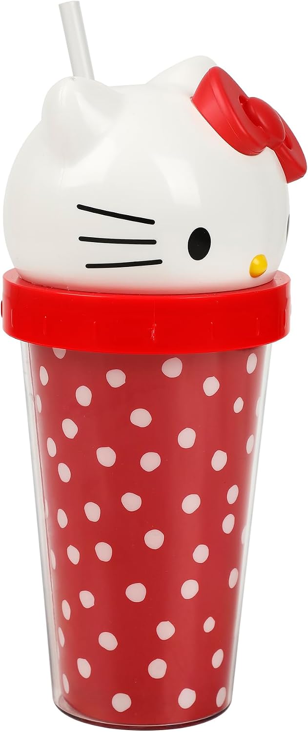 Bioworld Hello Kitty Red Polka Dot 16 Oz Plastic Tumbler Cup With 3D Topper