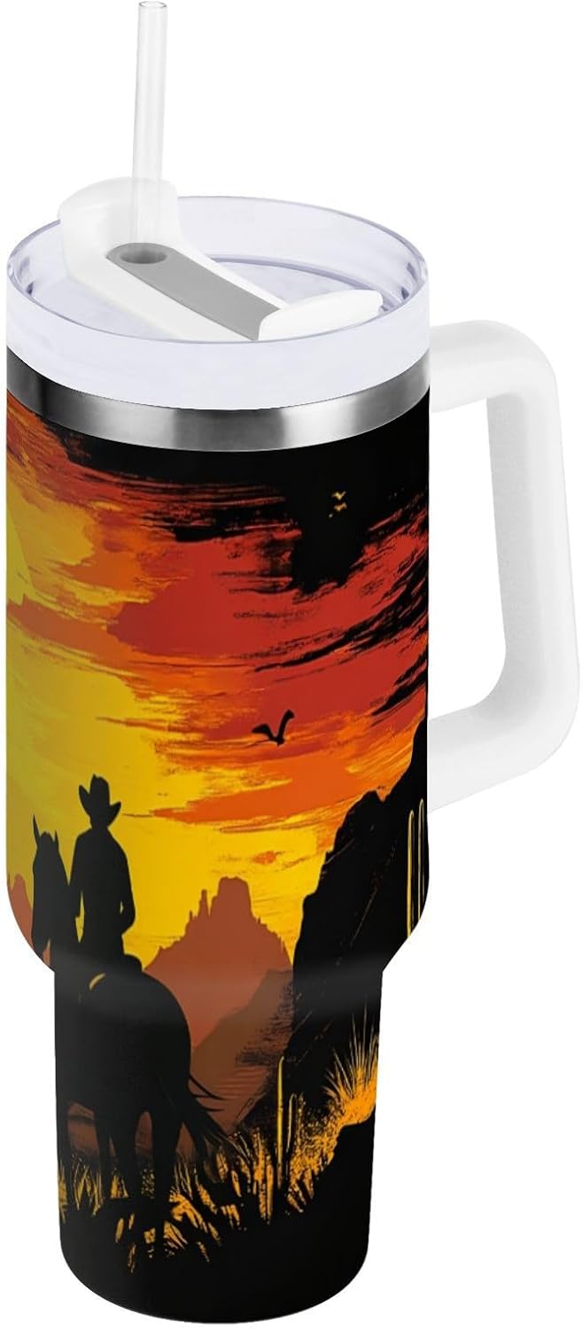 Qilmy 40oz Desert America Troops Cowboy Tumbler With Lid and Straw,Leak Proof Durable Stainless Steel Insulated Tumbler With Handle, Spill Proof Water Bottles for Travel632
