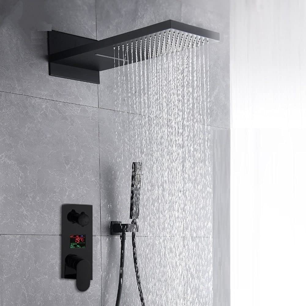 GLJTUO Black Digital Shower Faucets Set Waterfall Rainfall Shower Head 3-Way Digital Temp Display Mixer Tap Conceal Bath Shower,Full Set Beauty Comes