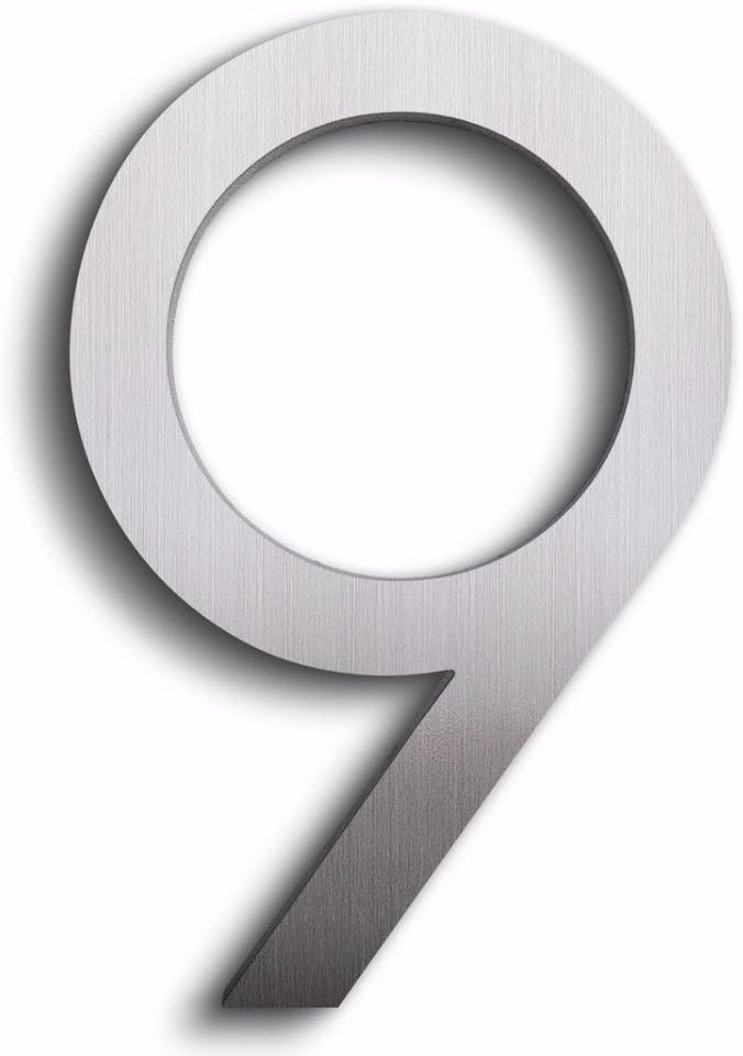 Modern House Number - Brushed Aluminum - Modern Font 8" Tall Number 9 Nine - Floating Appearance - Easy to Install - Made of Solid 3/8" Aluminum - Made in USA