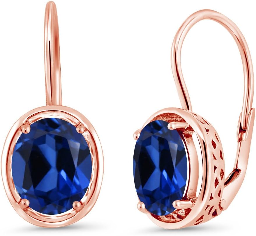 Gem Stone King 18K Rose Gold Plated Silver Blue Created Sapphire Dangle Earrings For Women (4.60 Cttw, Oval 9X7MM)