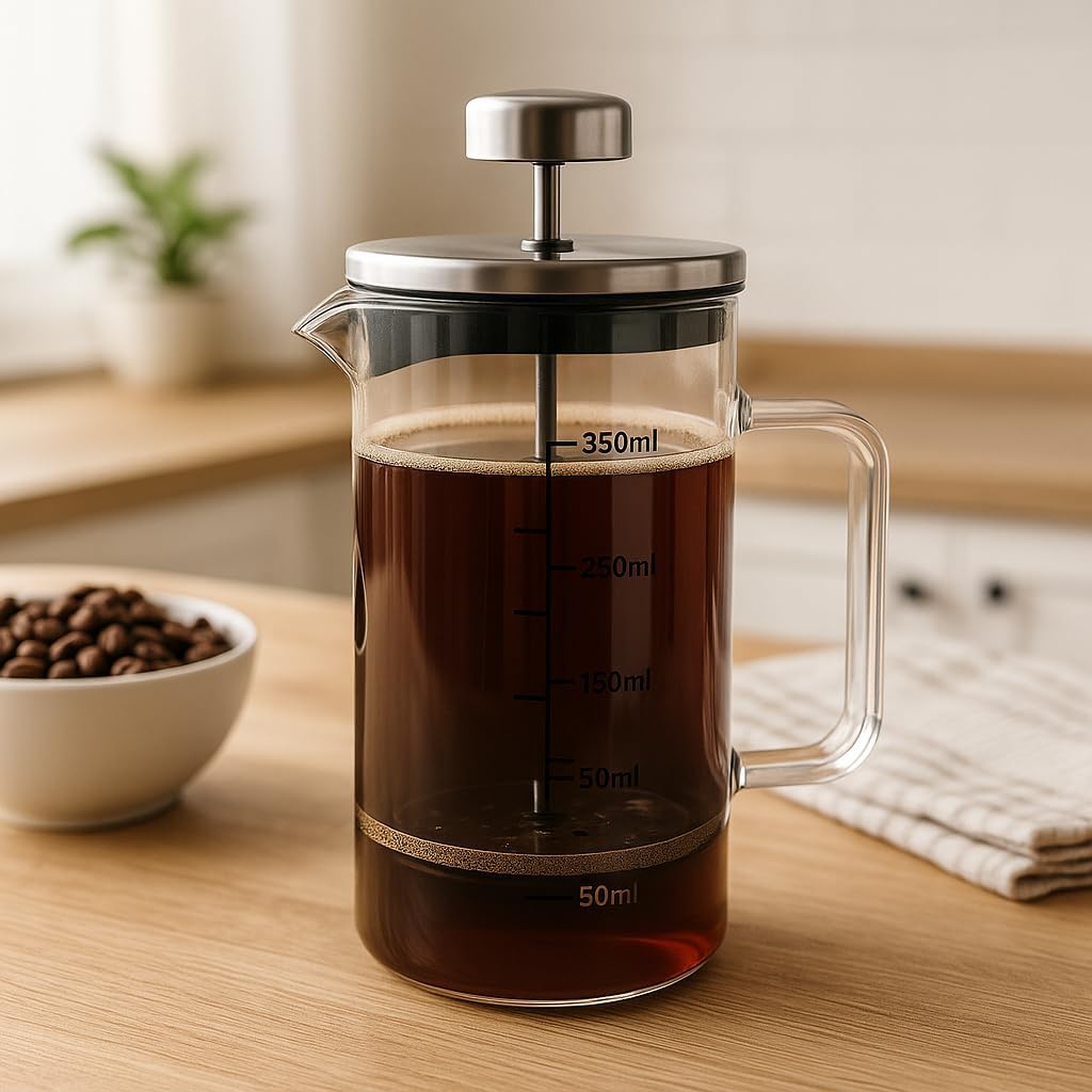 Deconox Borosilikat Cam French Press 350ml - Paslanmaz Çelik Filtreli Ölçekli Kahve ve Bitki Çayı Demliği - Isıya Dayanıklı Kişisel Kupa - Metal Kapaklı