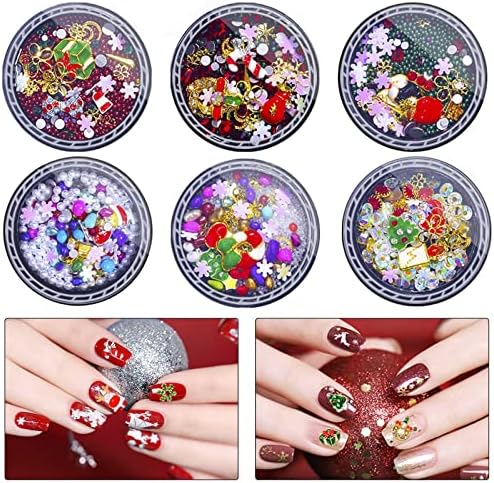 6 Boxes Christmas Nail Charms, EBANKU 3D Nail Art Rhinestones Crystal Jewels Metal Nail Studs Gems for Christmas Nails Art Decoration Supplies