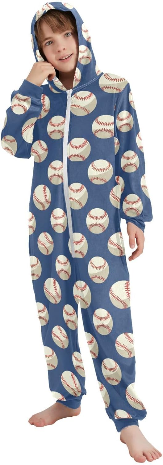 Baseball Onesie Soft Flannel Pajamas Sleepwear Zip Up Jumpsuits Hooded Lounge Wear
